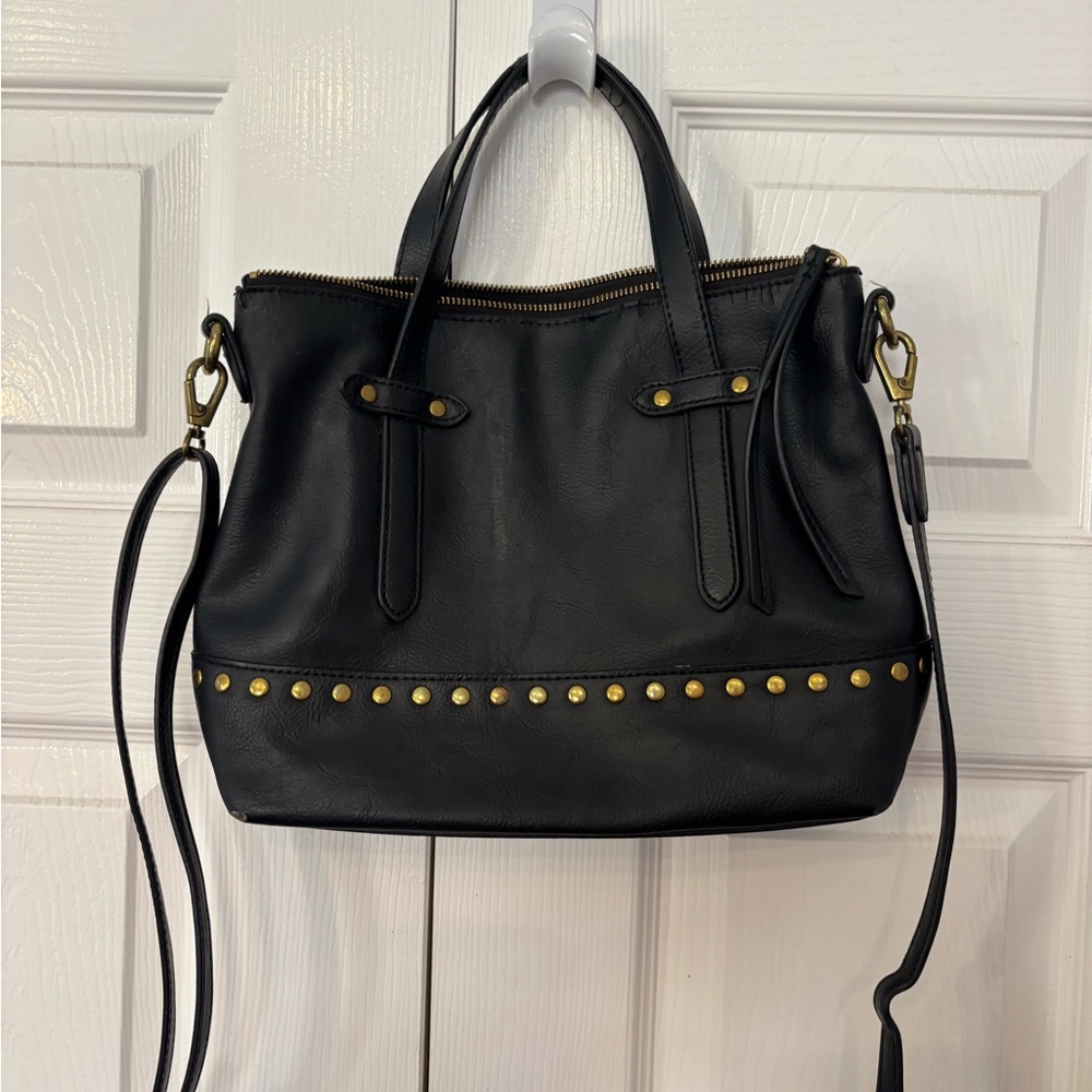 Fossil Black Satchel with Gold Accents
